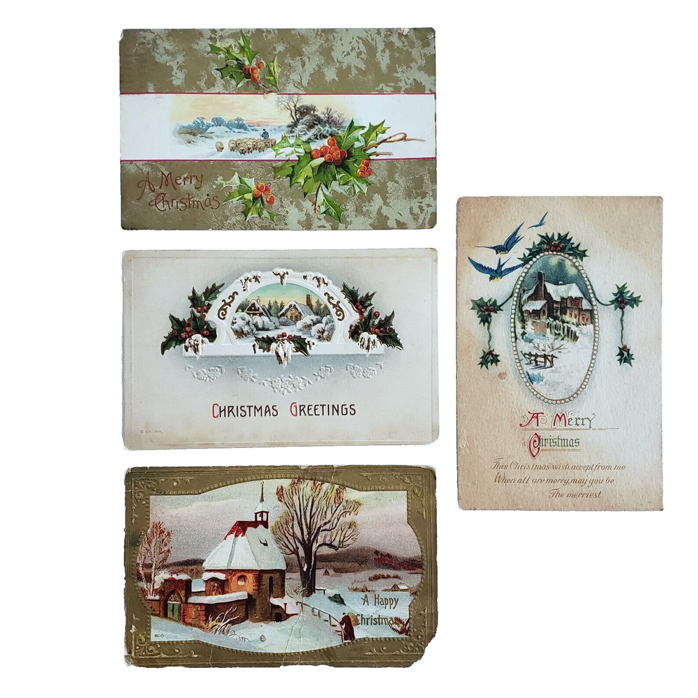 Antique Postcards Victorian Christmas Farm Snow Santa Embossed Germany Lot of 4